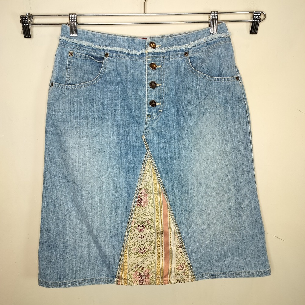 Gloria Vanderbilt Vintage Denim Jean Skirt Boho Floral Button Fly
